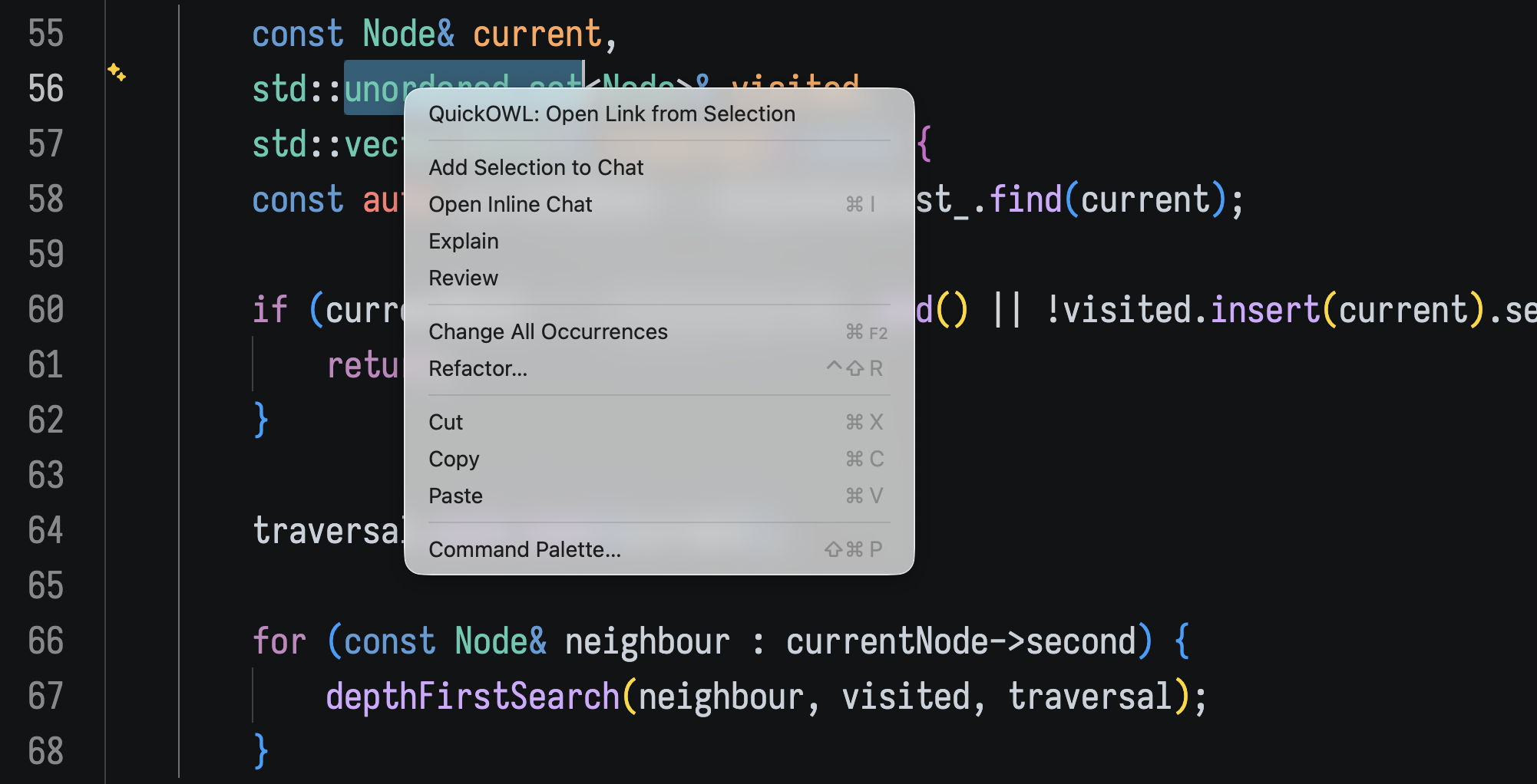 VS Code editor context menu showing QuickOWL: Open Link from Selection