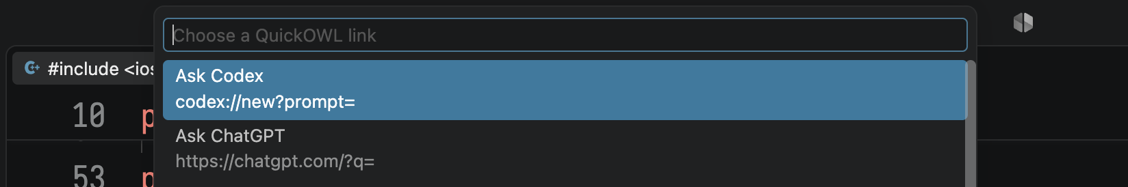 QuickOWL link picker in VS Code with saved links